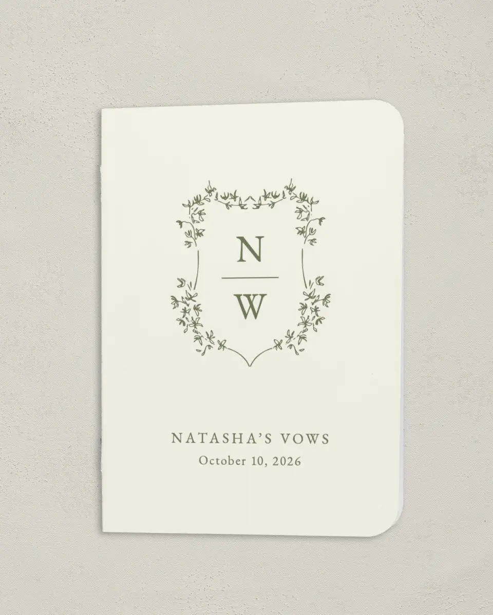This is a 4" x 5½" Folded Bride Vow Book called Our Emblem (Bride) printed in full color