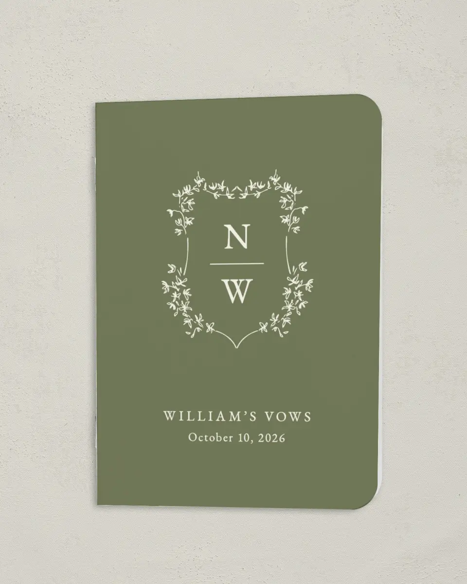 This is a 4" x 5½" Folded Groom Vow Book called Our Emblem (Groom) printed in full color