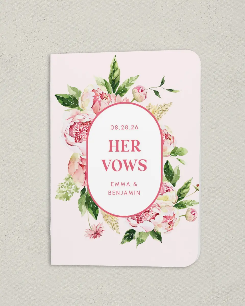 This is a 4" x 5½" Folded Bride Vow Book called Pink Peonies (Bride) printed in full color