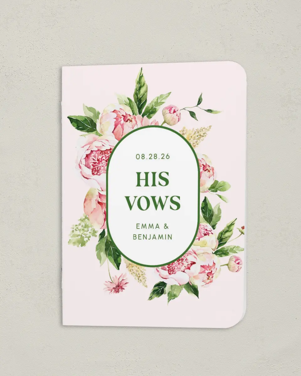 This is a 4" x 5½" Folded Groom Vow Book called Pink Peonies (Groom) printed in full color