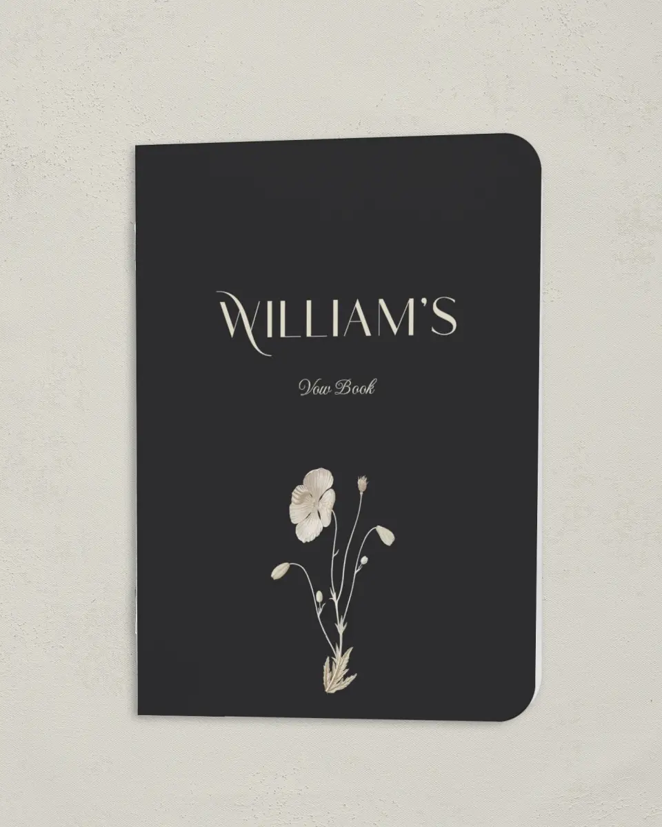 This is a 4" x 5½" Folded Bride Vow Book called Winter Wildflowers (Groom) printed in full color