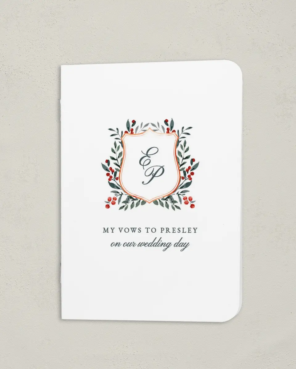 This is a 4" x 5½" Folded Bride Vow Book called Heirloom Holly (Bride) printed in full color
