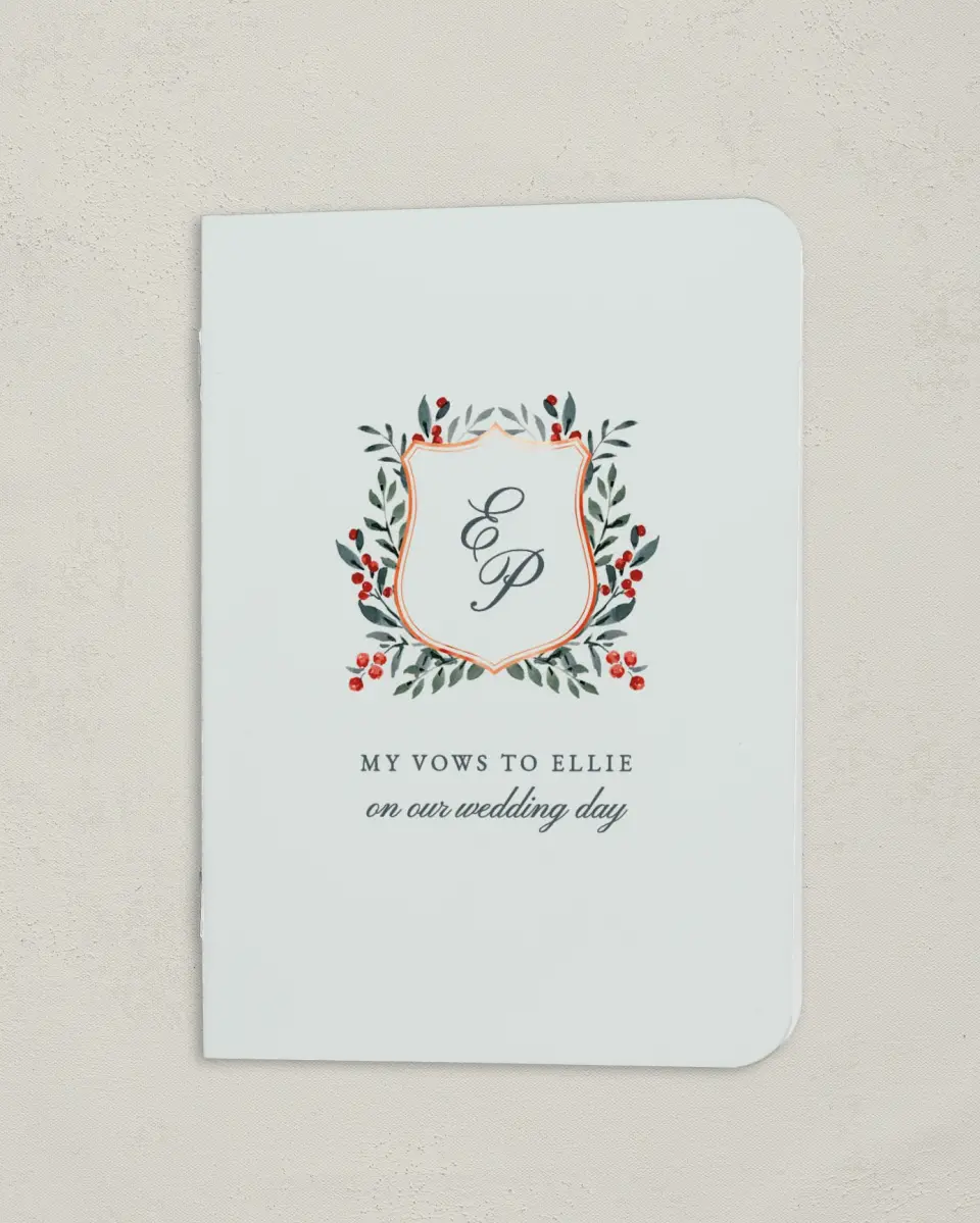 This is a 4" x 5½" Folded Bride Vow Book called Heirloom Holly (Groom) printed in full color