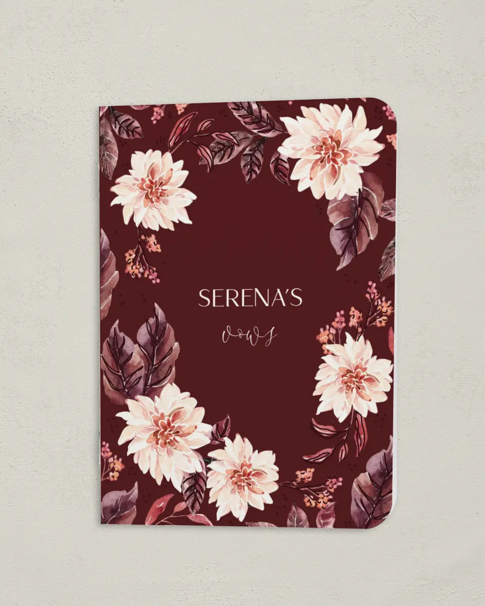 This is a 4" x 5½" Folded Bride Vow Book called Fall Florals (Bride) printed in full color