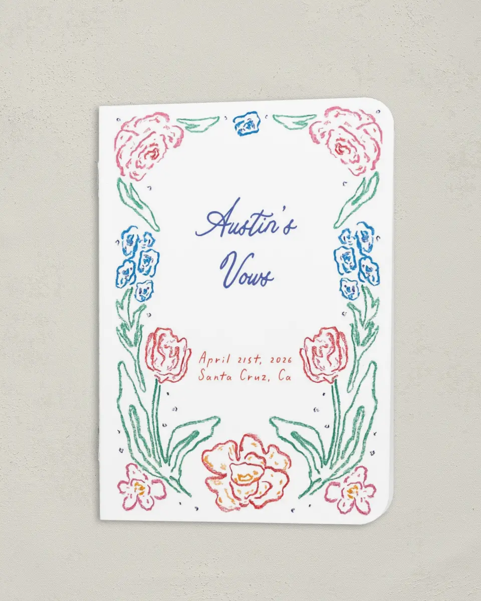 This is a 4" x 5½" Folded Bride Vow Book called Whimsy Love (Groom) printed in full color