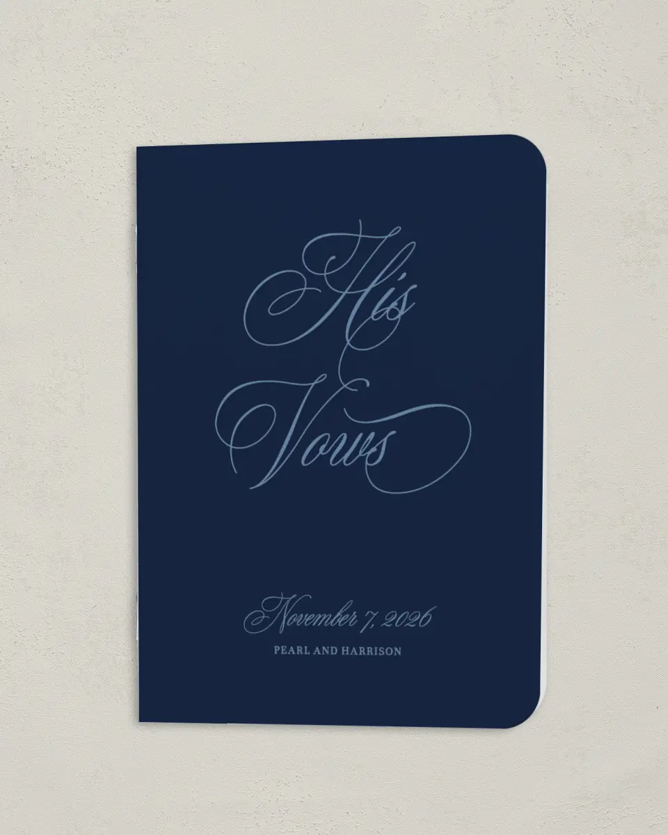 This is a 4" x 5½" Folded Bride Vow Book called Berkeley (Groom) printed in full color