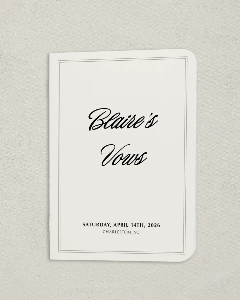 This is a 4" x 5½" Folded Bride Vow Book called Charleston (Bride) printed in full color