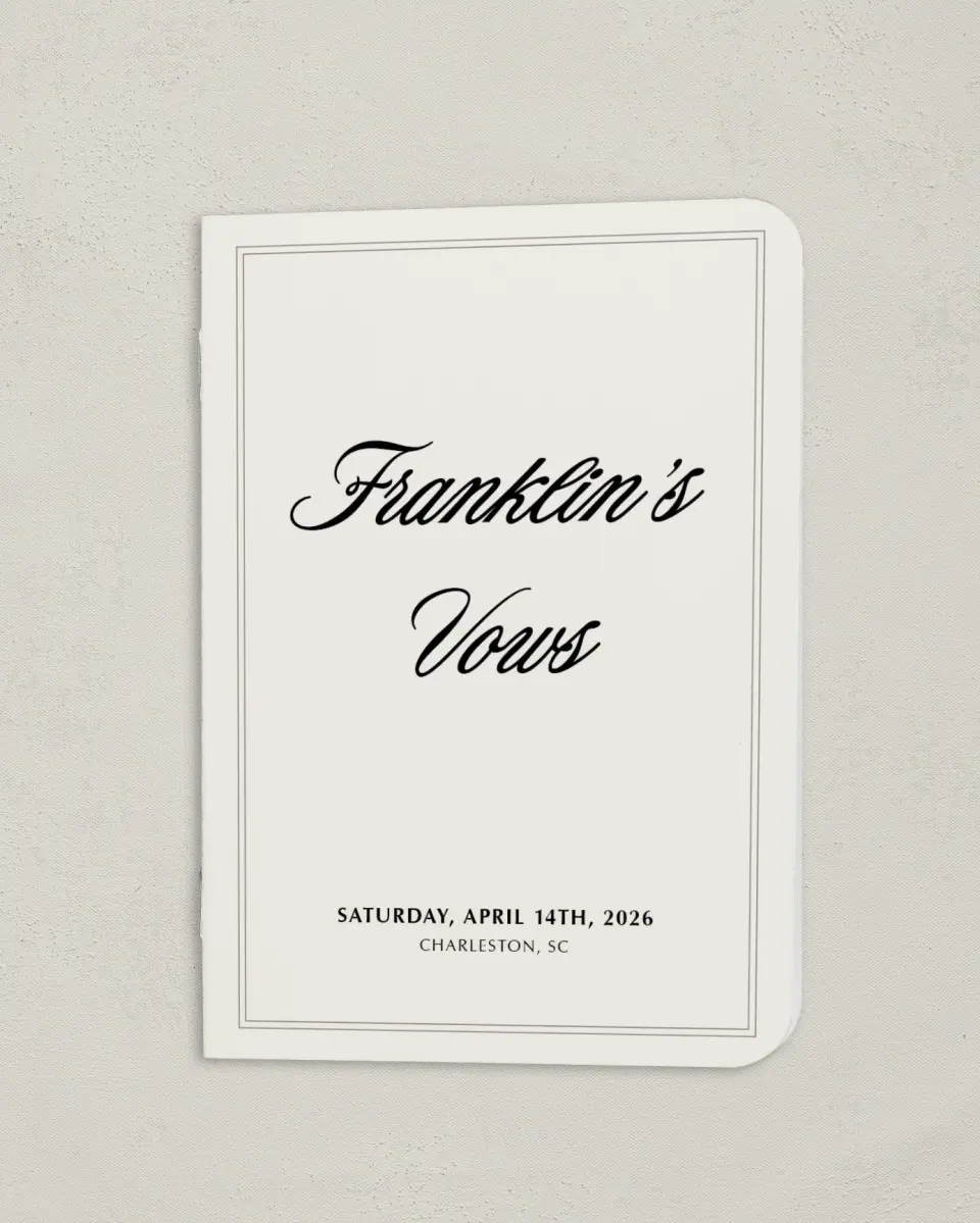 This is a 4" x 5½" Folded Bride Vow Book called Charleston (Groom) printed in full color