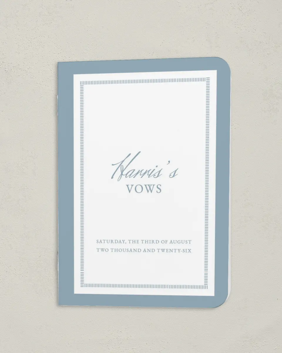 This is a 4" x 5½" Folded Bride Vow Book called Watch Hill (Groom) printed in full color