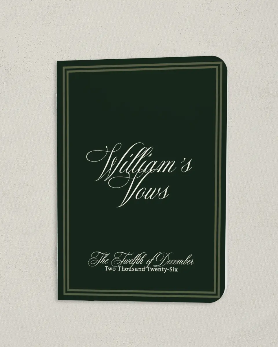 This is a 4" x 5½" Folded Bride Vow Book called Hillsborough (Groom) printed in full color