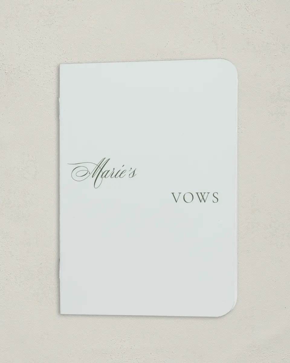 This is a 4" x 5½" Folded Bride Vow Book called Foxfire (Bride) printed in full color