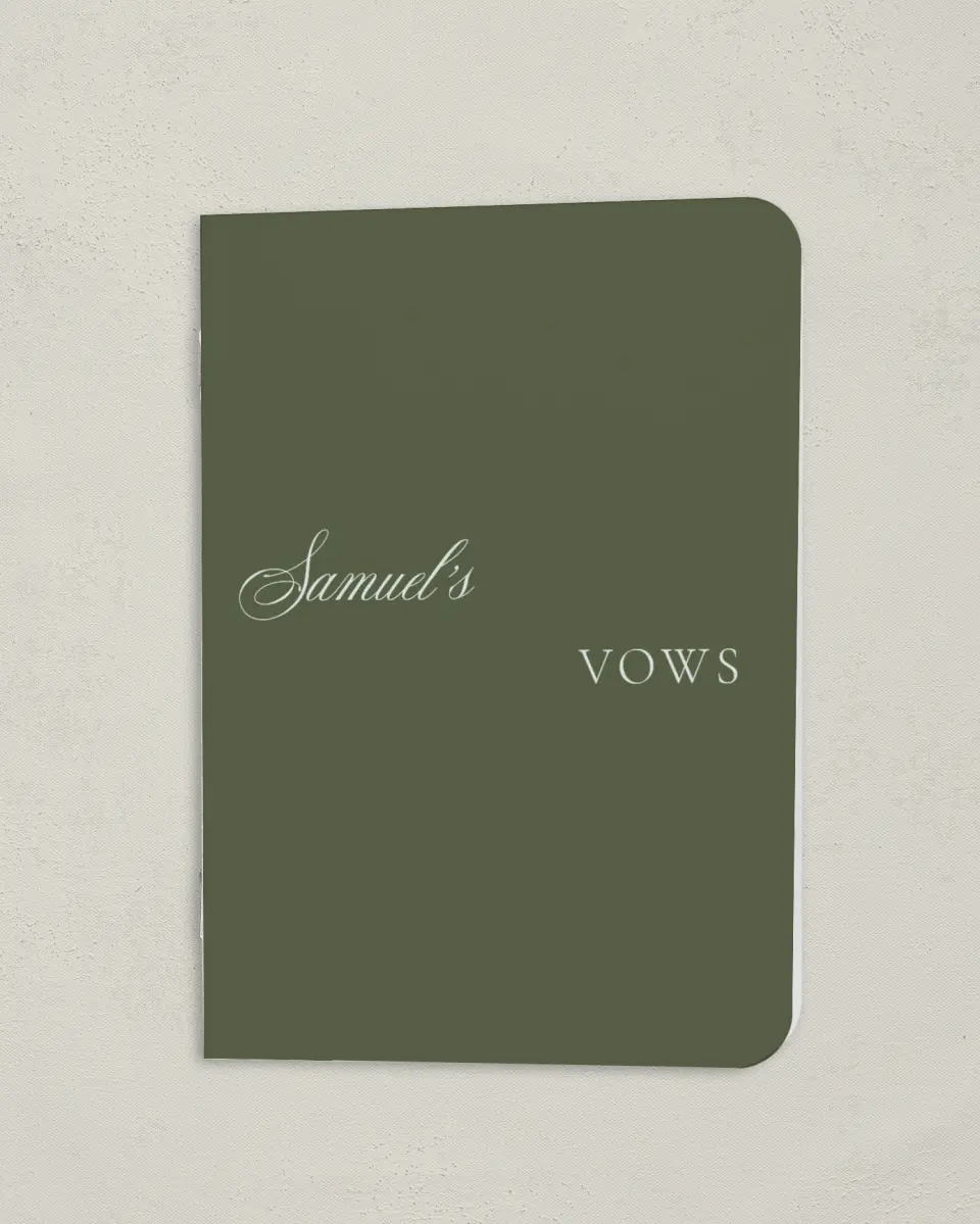 This is a 4" x 5½" Folded Bride Vow Book called Foxfire (Groom) printed in full color