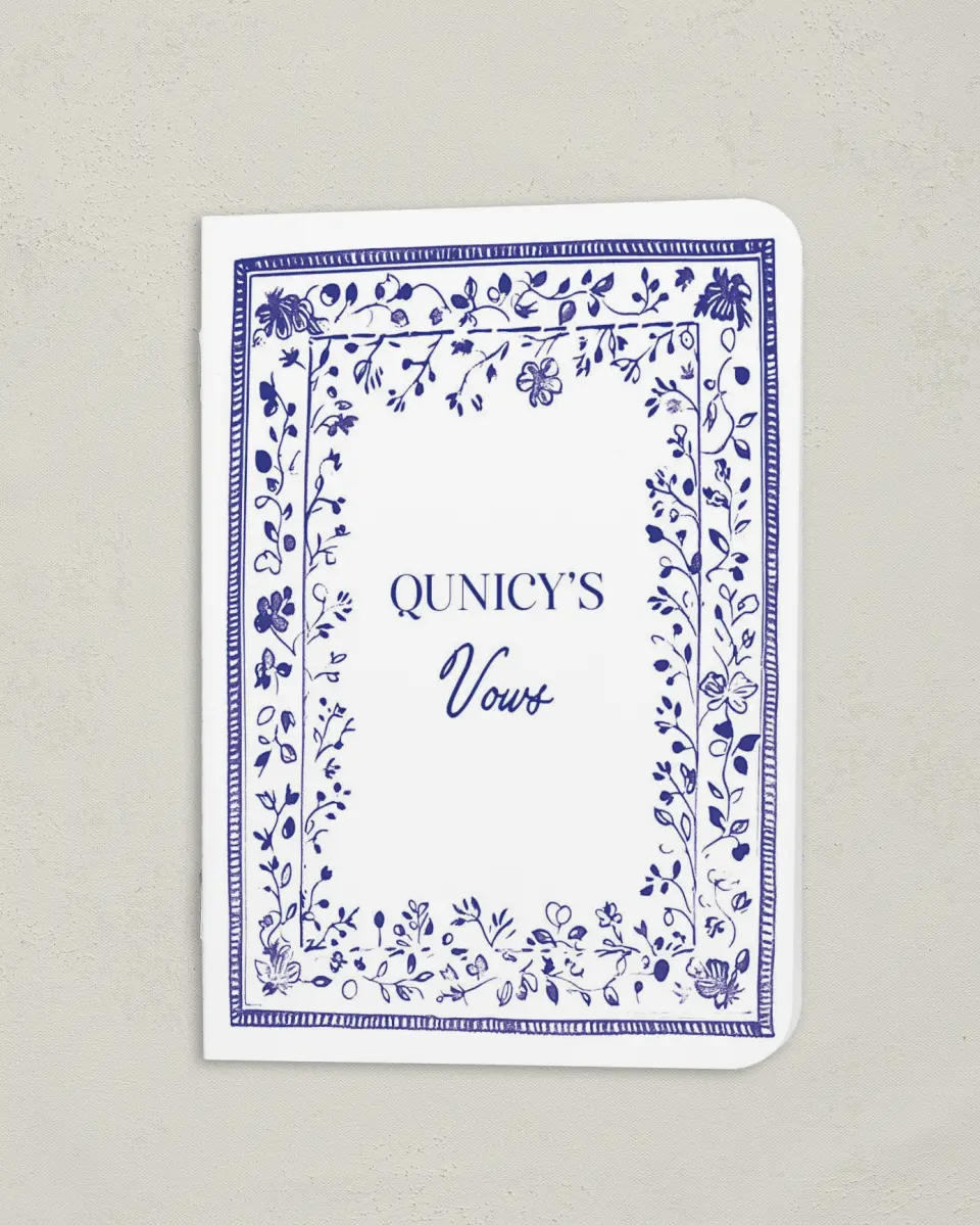 This is a 4" x 5½" Folded Bride Vow Book called Storybook Garden (Groom) printed in full color