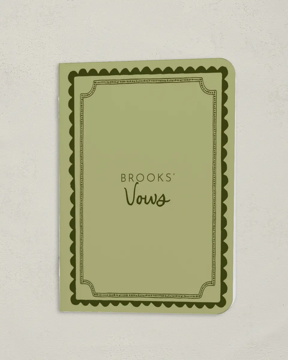 This is a 4" x 5½" Folded Bride Vow Book called Scalloped Elegance (Groom) printed in full color