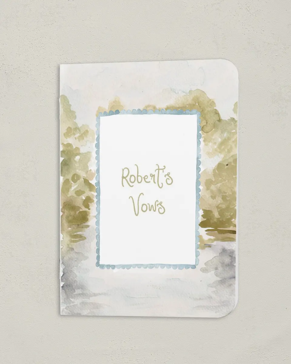 This is a 4" x 5½" Folded Bride Vow Book called Soft Meadows (Groom) printed in full color