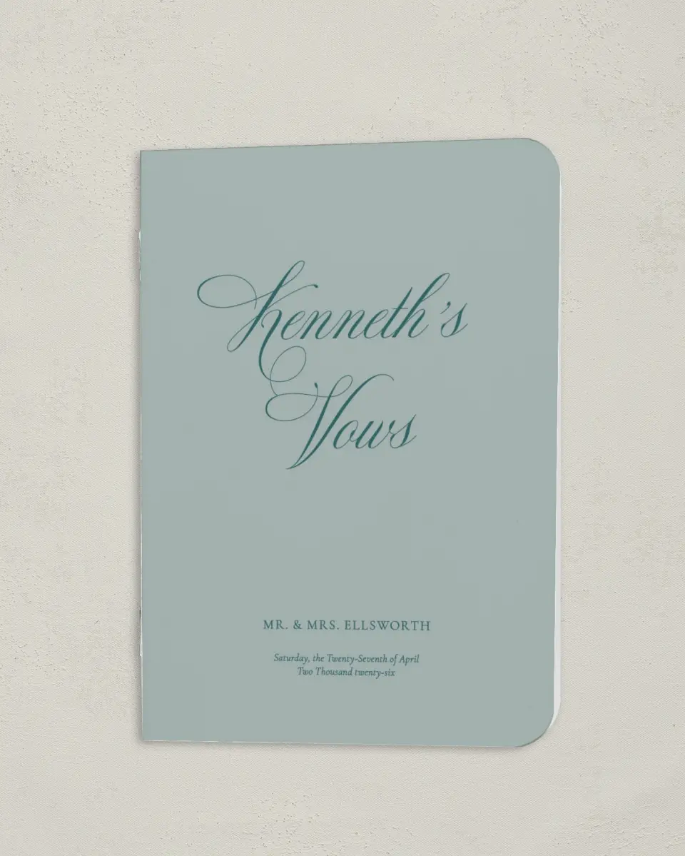 This is a 4" x 5½" Folded Bride Vow Book called Delicate Vintage (Groom) printed in full color