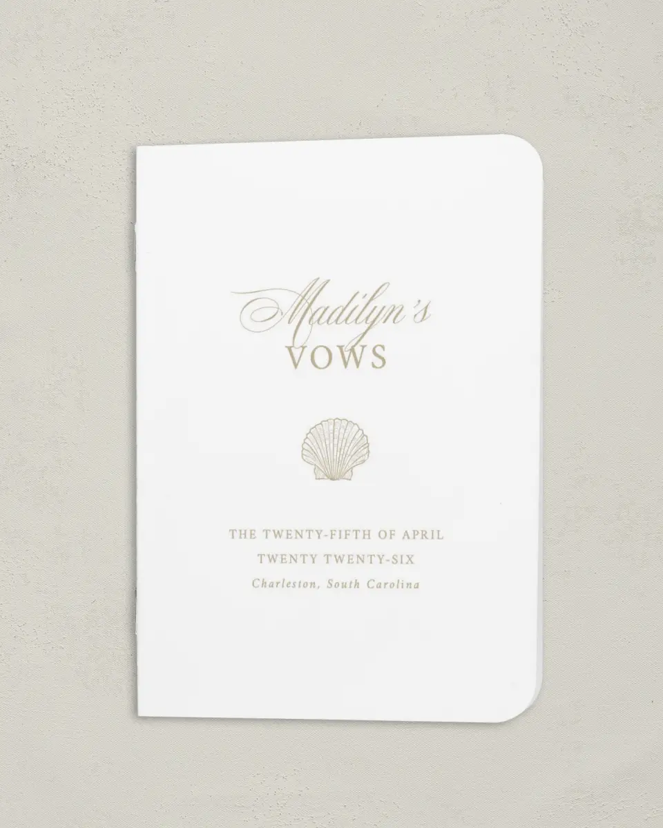 This is a 4" x 5½" Folded Bride Vow Book called Elegant Shell (Bride) printed in full color