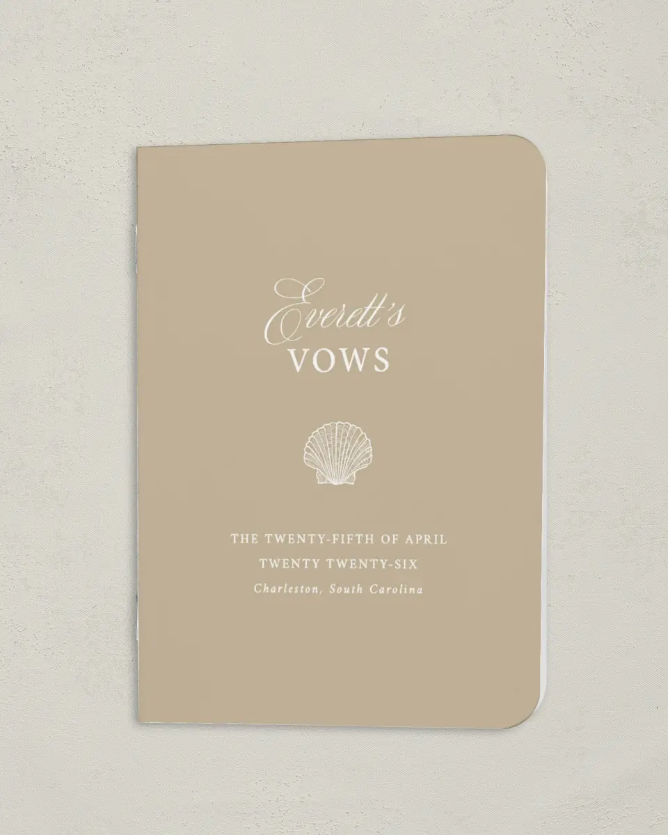 This is a 4" x 5½" Folded Bride Vow Book called Elegant Shell (Groom) printed in full color