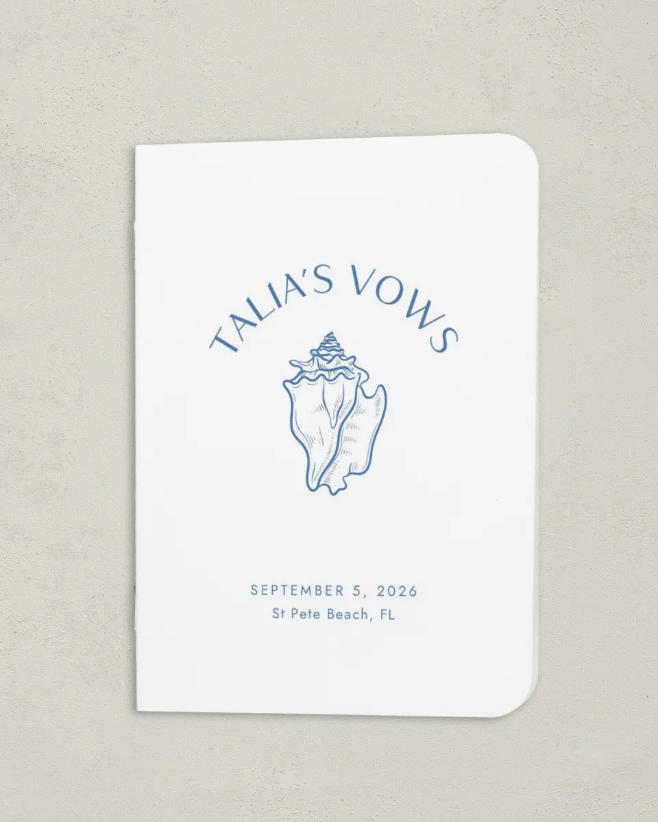 This is a 4" x 5½" Folded Bride Vow Book called Seaside Serenade (Bride) printed in full color