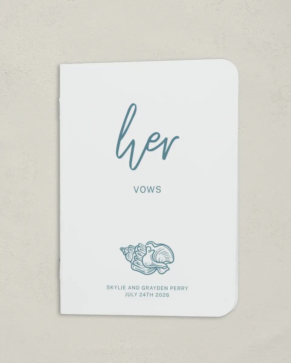 This is a 4" x 5½" Folded Bride Vow Book called I Hear Wedding Shells (Bride) printed in full color