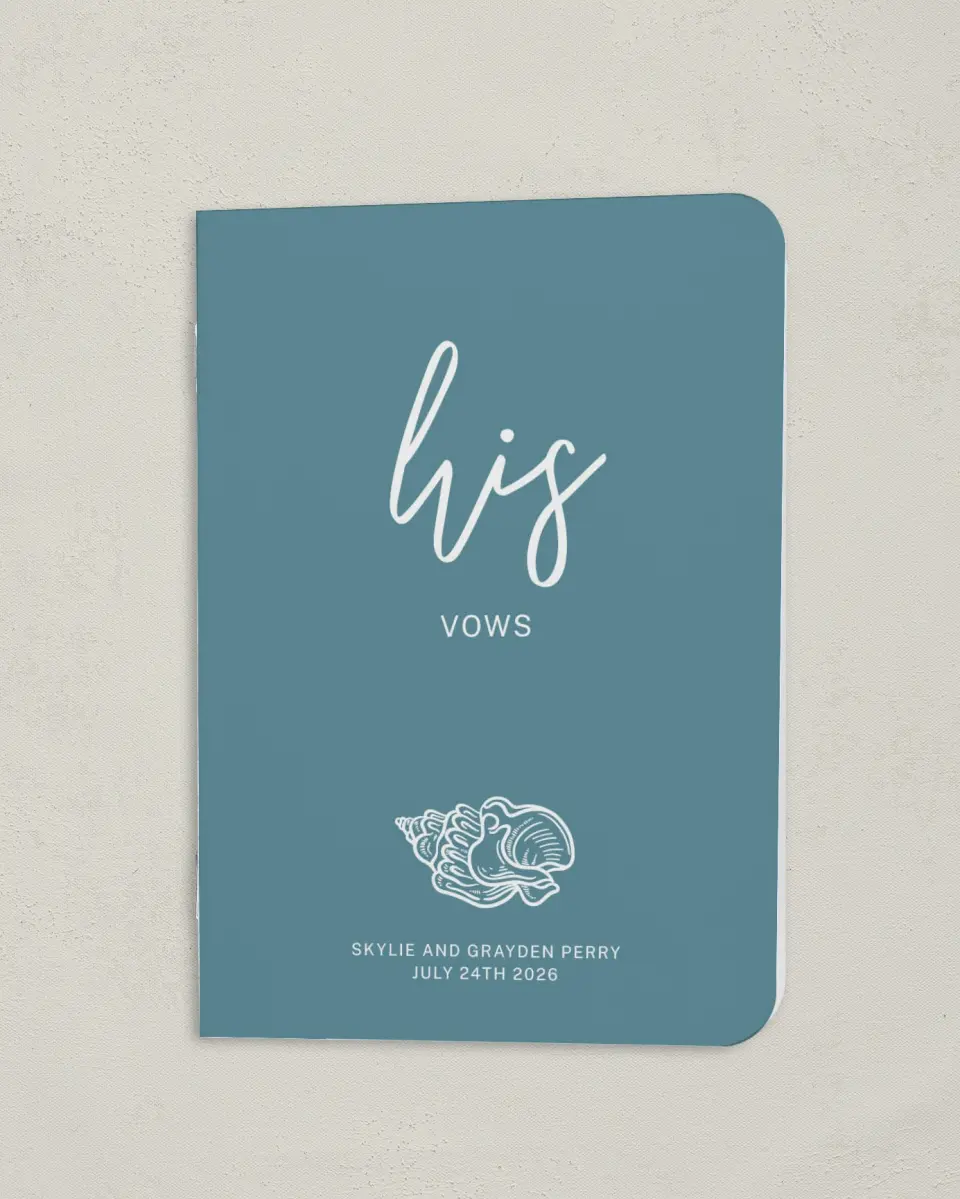 This is a 4" x 5½" Folded Bride Vow Book called I Hear Wedding Shells (Groom) printed in full color