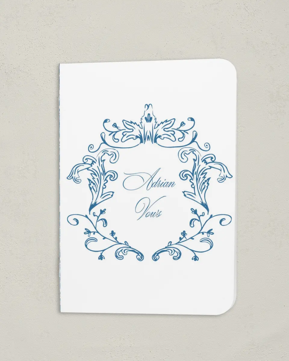 This is a 4" x 5½" Folded Bride Vow Book called Blue Toile Romance (Groom) printed in full color