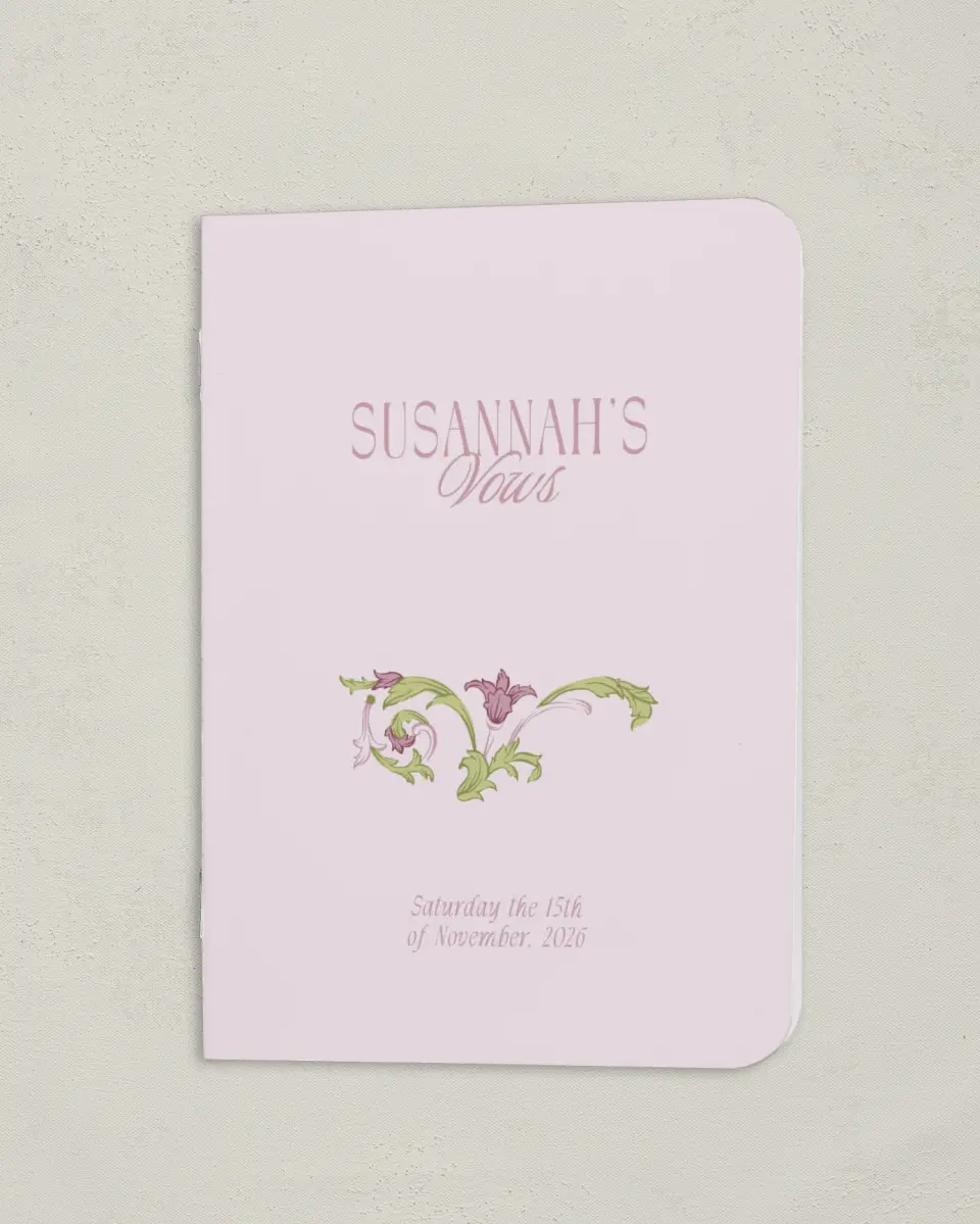 This is a 4" x 5½" Folded Bride Vow Book called Ornate Garden (Bride) printed in full color