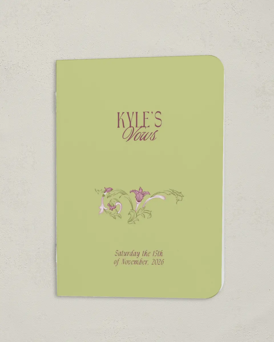 This is a 4" x 5½" Folded Bride Vow Book called Ornate Garden (Groom) printed in full color