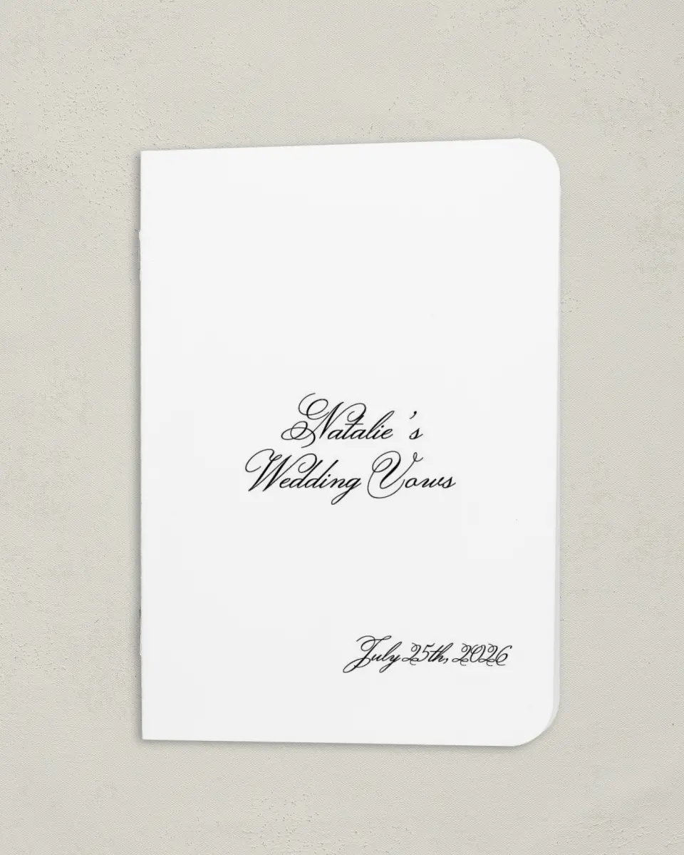 This is a 4" x 5½" Folded Bride Vow Book called Formal Script (Bride) printed in full color
