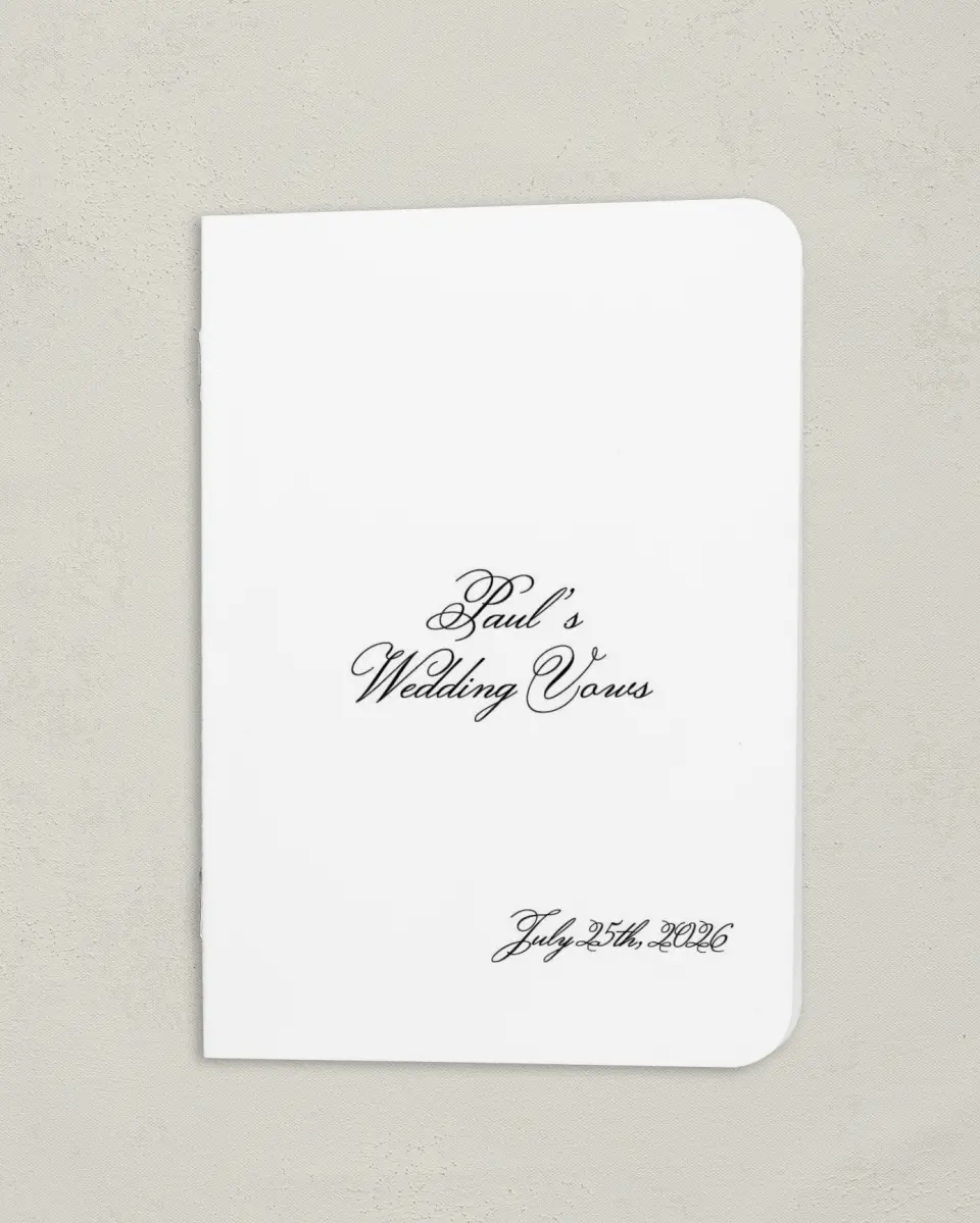 This is a 4" x 5½" Folded Bride Vow Book called Formal Script (Groom) printed in full color