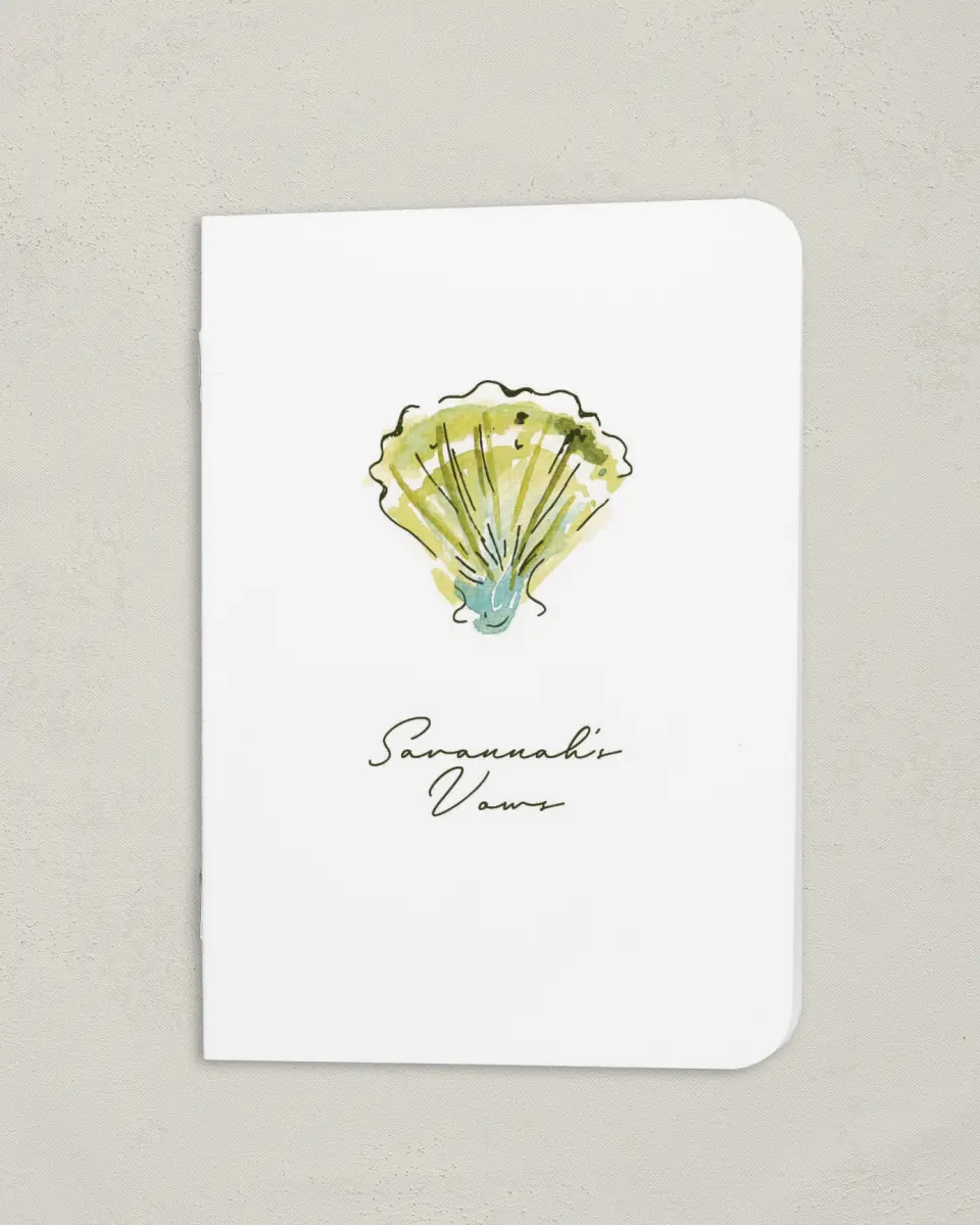 This is a 4" x 5½" Folded Bride Vow Book called Whimsical Shells (Bride) printed in full color