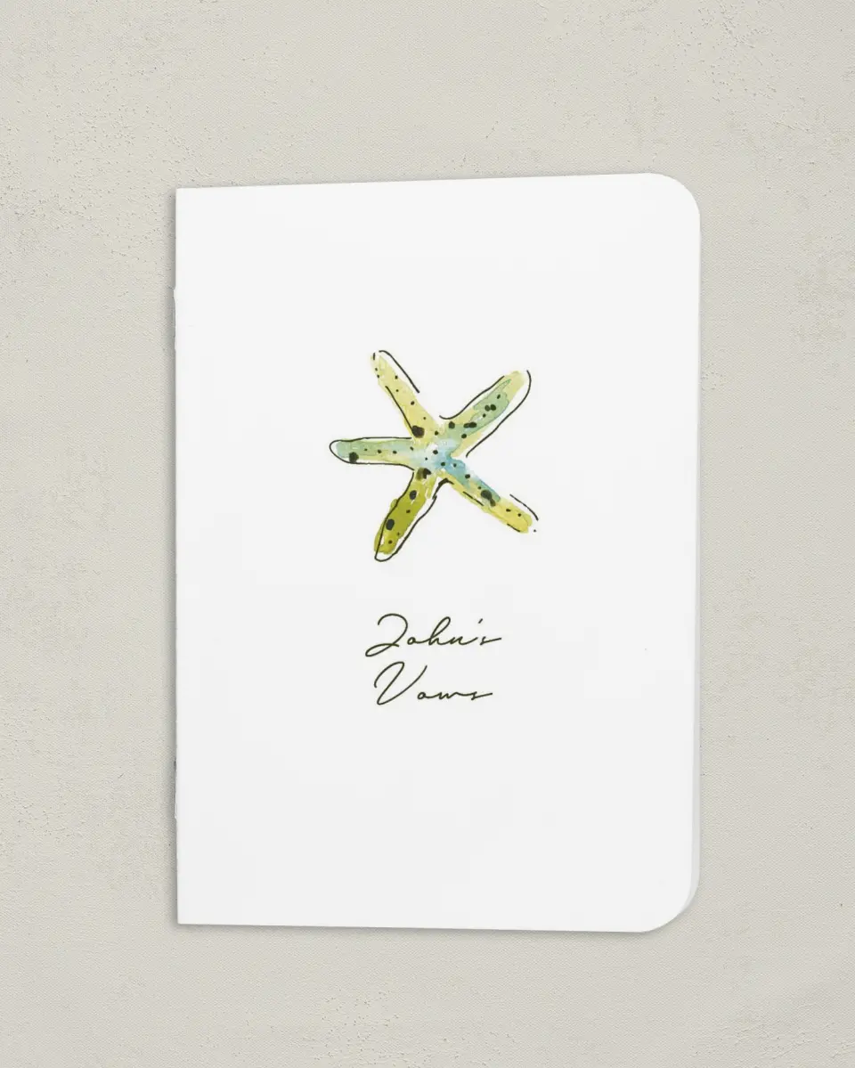 This is a 4" x 5½" Folded Bride Vow Book called Whimsical Shells (Groom) printed in full color