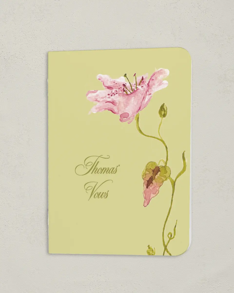 This is a 4" x 5½" Folded Bride Vow Book called Paradise in Bloom (Groom) printed in full color