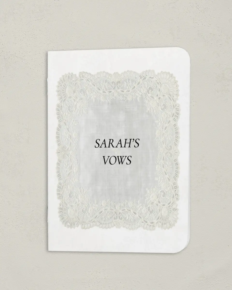 This is a 4" x 5½" Folded Bride Vow Book called Trimmed Lace (Bride) printed in full color
