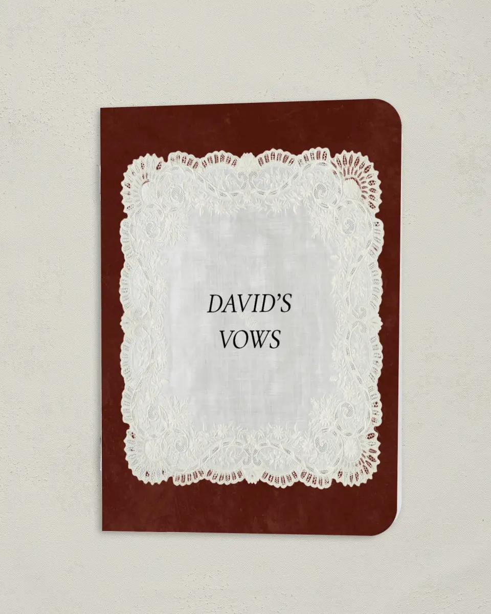 This is a 4" x 5½" Folded Bride Vow Book called Trimmed Lace (Groom) printed in full color