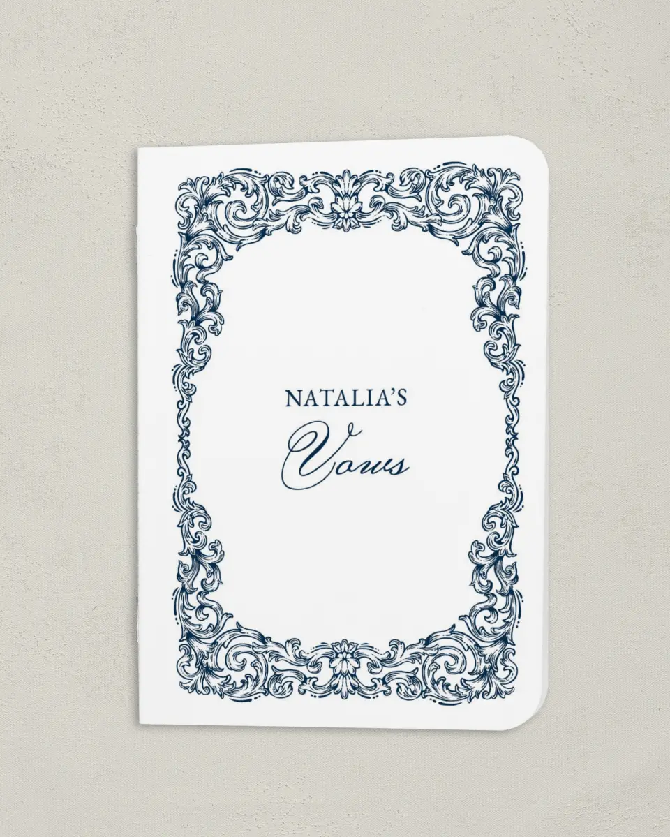 This is a 4" x 5½" Folded Bride Vow Book called Heirloom Crest (Bride) printed in full color