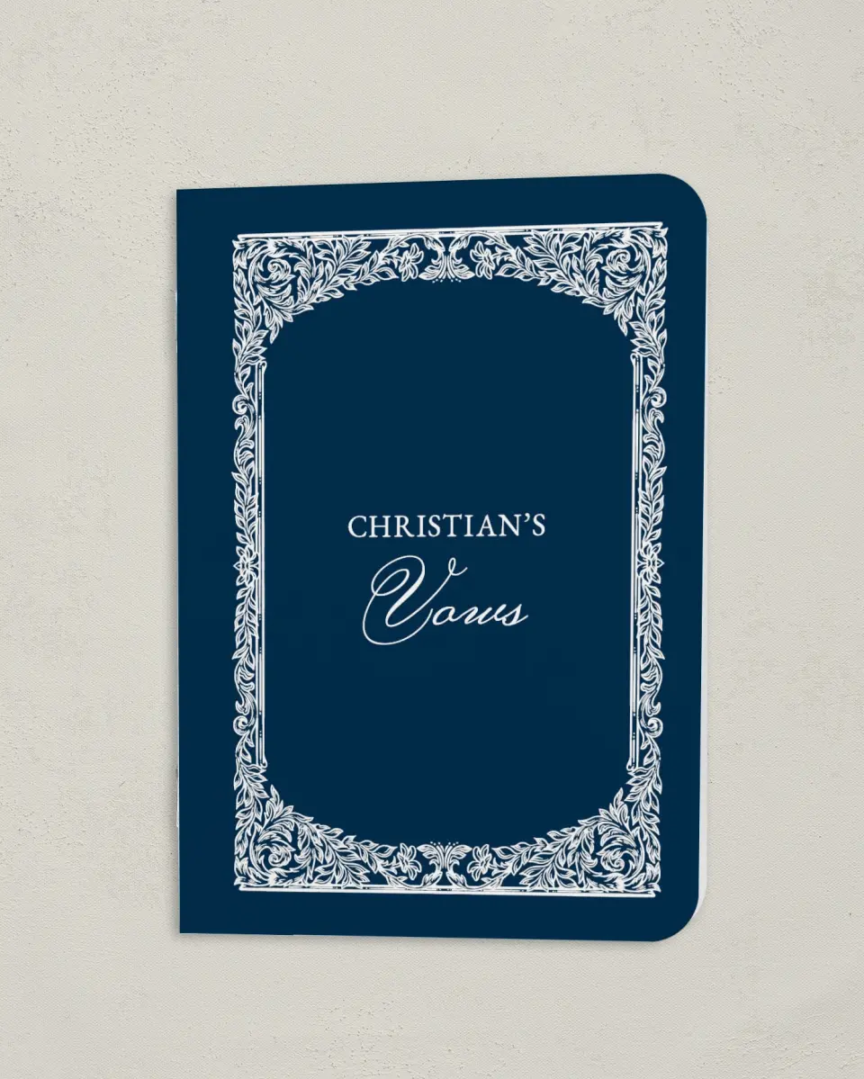 This is a 4" x 5½" Folded Bride Vow Book called Heirloom Crest (Groom) printed in full color