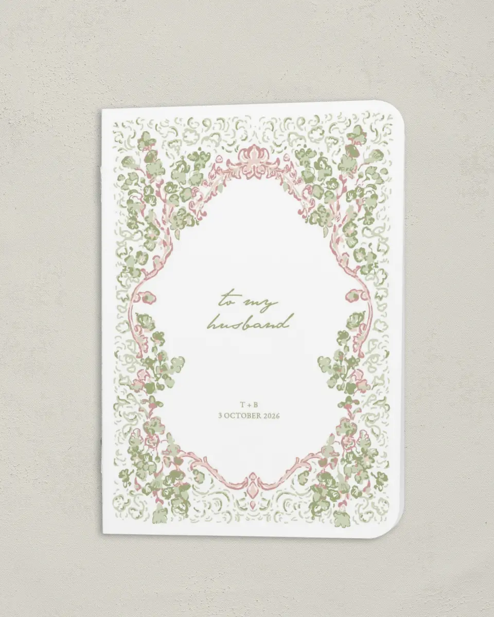 This is a 4" x 5½" Folded Bride Vow Book called Verdant Romance (Bride) printed in full color