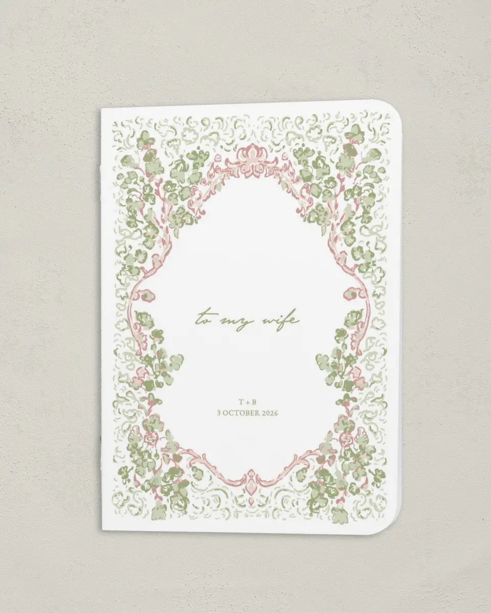 This is a 4" x 5½" Folded Bride Vow Book called Verdant Romance (Groom) printed in full color