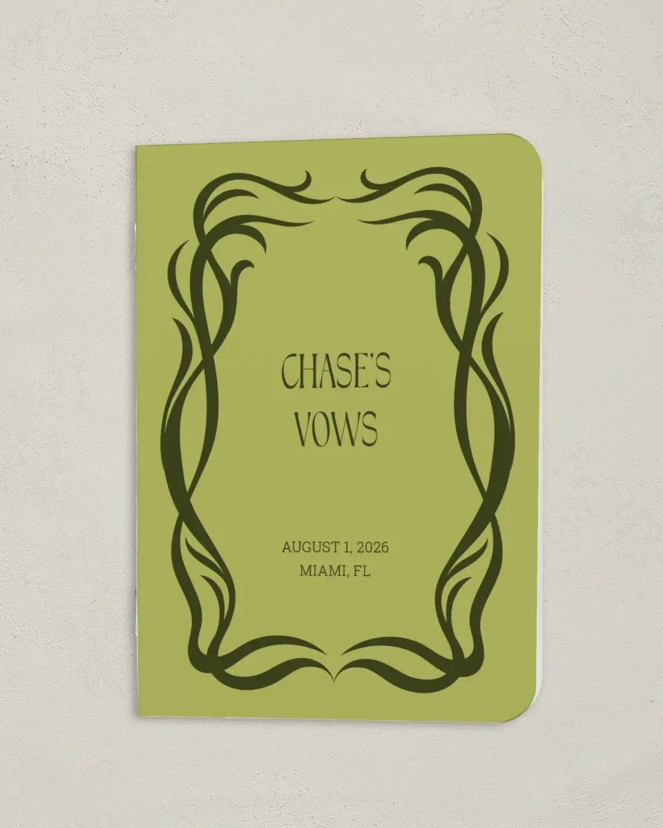 This is a 4" x 5½" Folded Bride Vow Book called Nouveau Romance (Groom) printed in full color