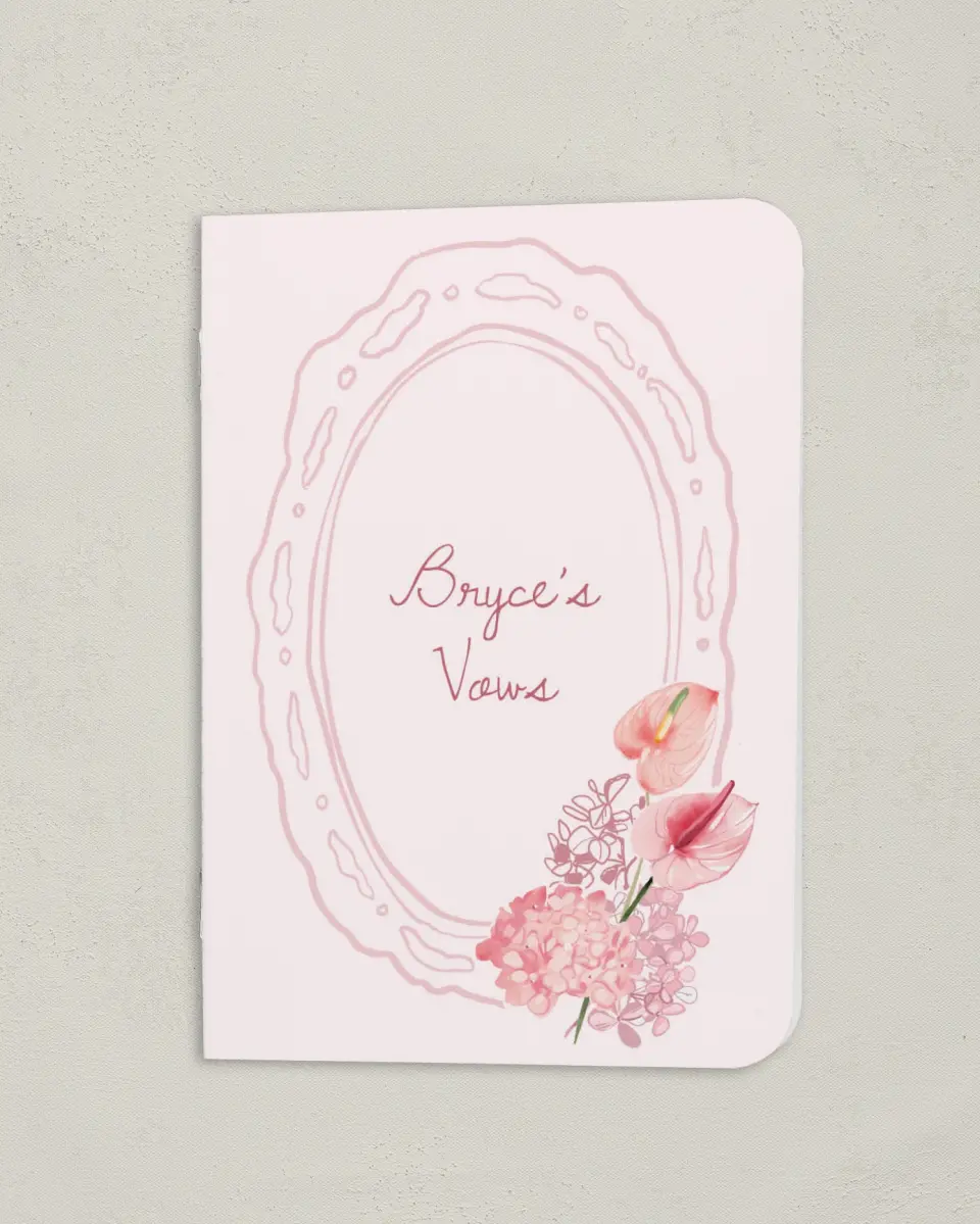 This is a 4" x 5½" Folded Bride Vow Book called Blushing Whimsy (Groom) printed in full color
