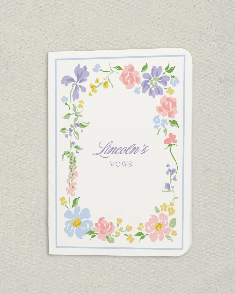 This is a 4" x 5½" Folded Bride Vow Book called Gentle Garden (Groom) printed in full color