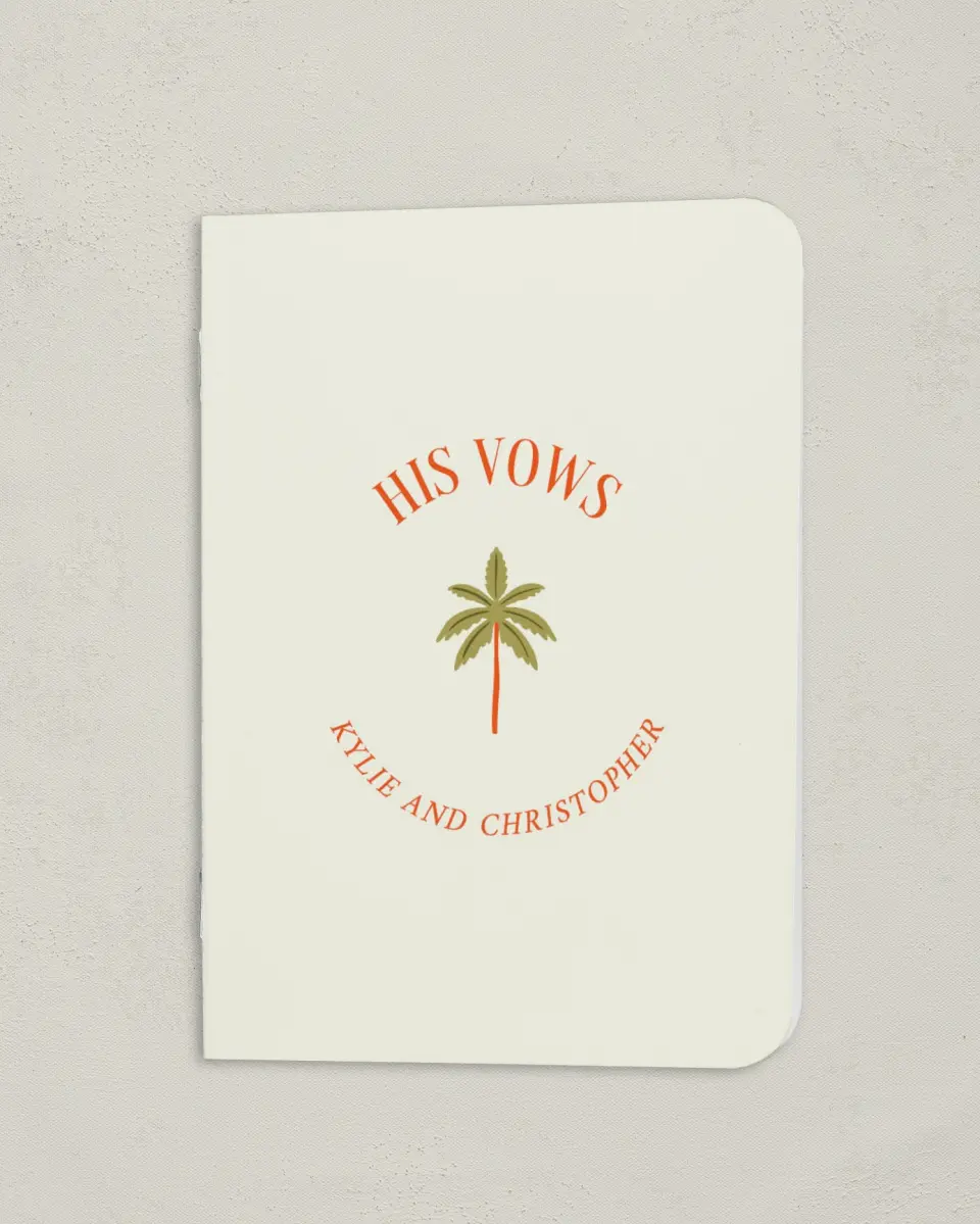 This is a 4" x 5½" Folded Bride Vow Book called Tropical Treasure (Groom) printed in full color