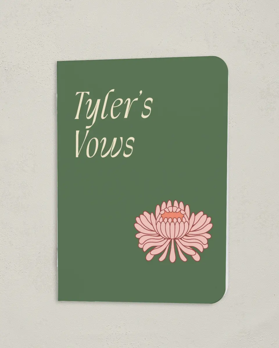 This is a 4" x 5½" Folded Bride Vow Book called Regal Garden (Groom) printed in full color