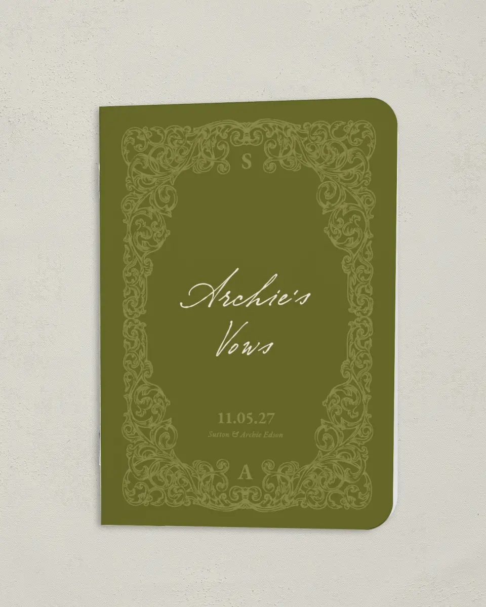 This is a 4" x 5½" Folded Bride Vow Book called Victorian Aura (Groom) printed in full color