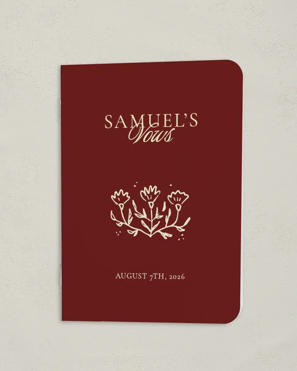 This is a 4" x 5½" Folded Bride Vow Book called Bloom & Crest (Groom) printed in full color