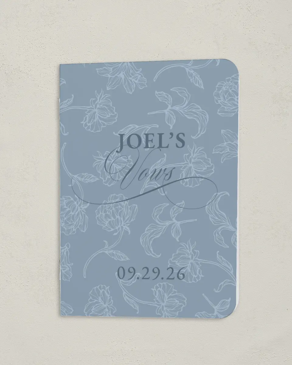 This is a 4" x 5½" Folded Bride Vow Book called Pressed Petals (Groom) printed in full color