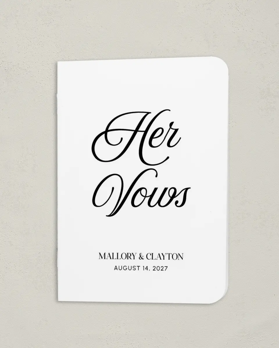 This is a 4" x 5½" Folded Bride Vow Book called The Mallory (Bride) printed in full color with Gold foil
