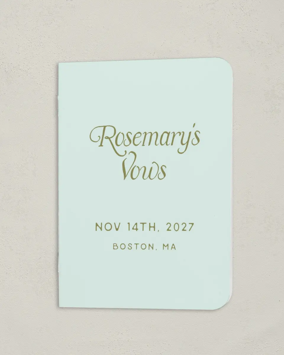 This is a 4" x 5½" Folded Bride Vow Book called The Rosemary (Bride) printed in full color