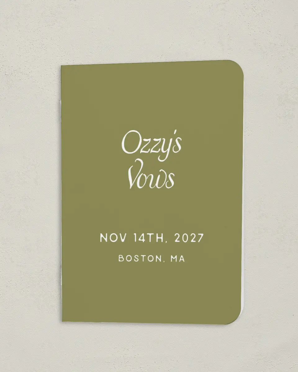 This is a 4" x 5½" Folded Bride Vow Book called The Rosemary (Groom) printed in full color with Gold foil